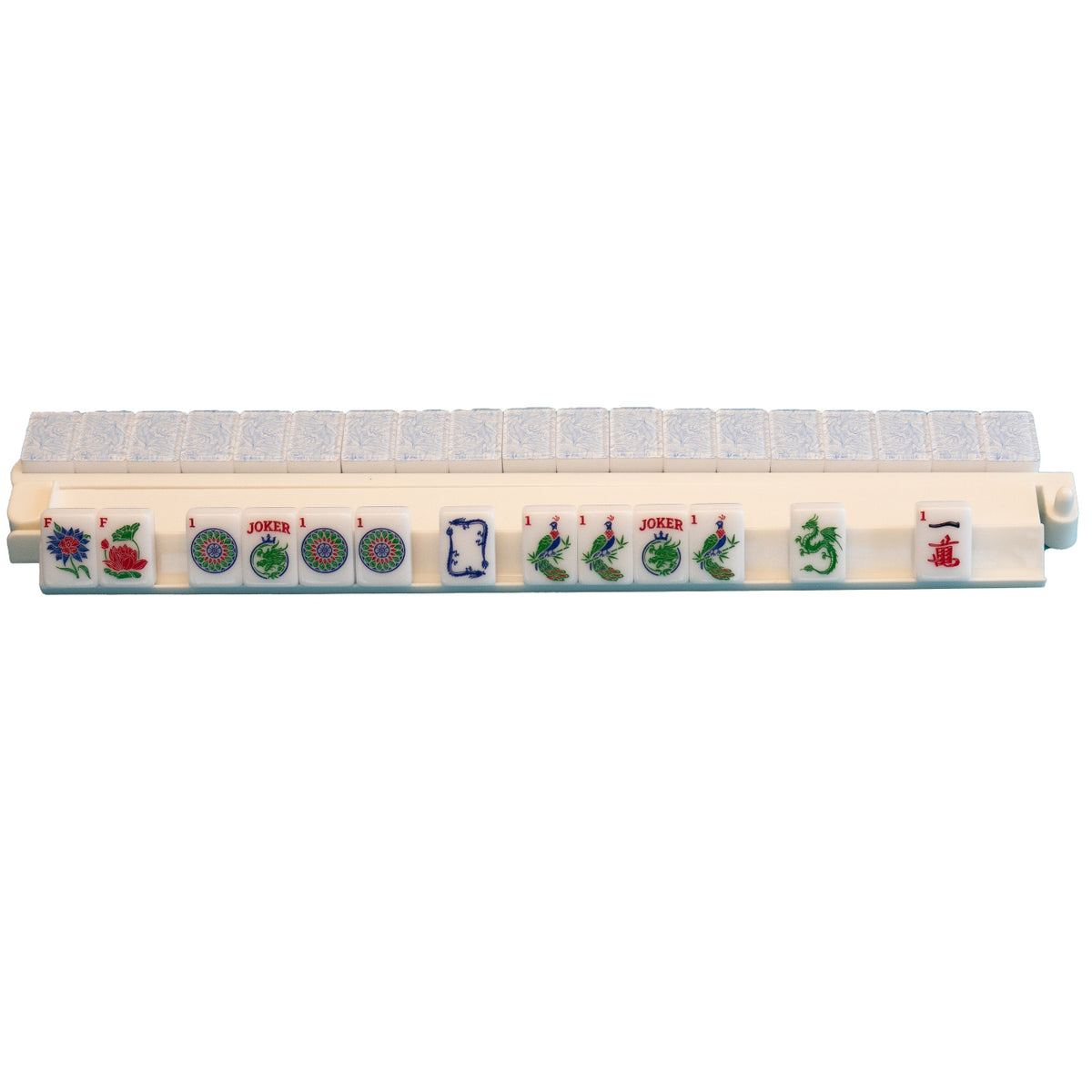 An image of the Modern Classic mahjong tile line from Mahj Queen™ on a white rack.