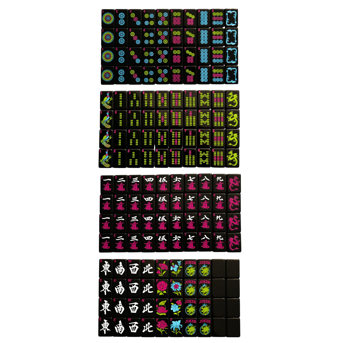 A top down image of all tiles included in the Neon Daze American Mahjong tiles from Mahj Queen™. This set features modernized designs for easier identification—with black faces and bold neon coloring.