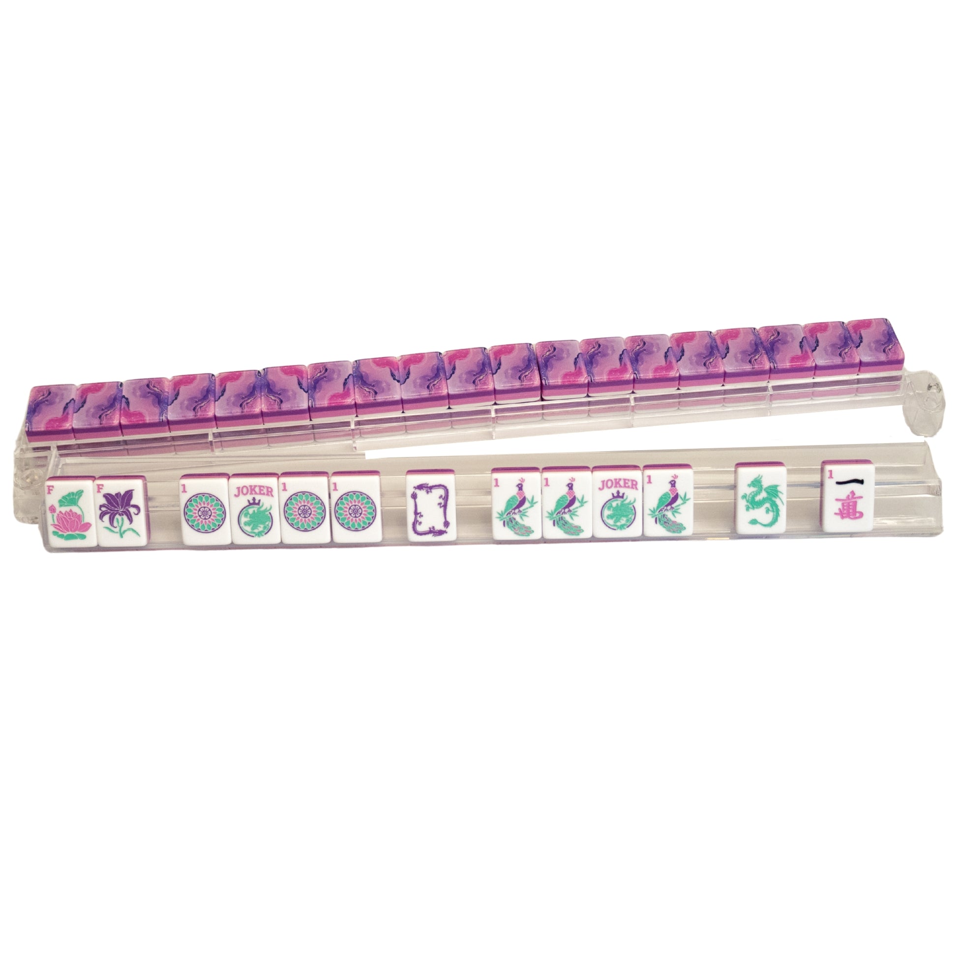 An image of the Tea Party mahjong tile line from Mahj Queen™ on a clear rack.