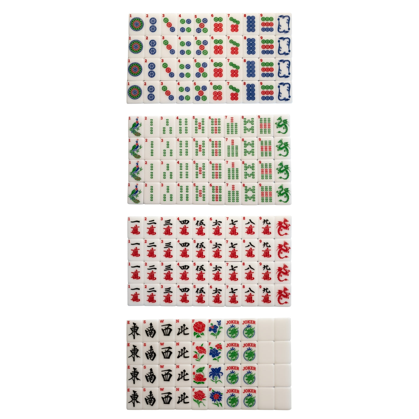 A top down image of all tiles included in the Modern Classic American Mahjong tiles from Mahj Queen™.  This set features modernized designs for easier identification—with classic red, green and blue ink coloring.