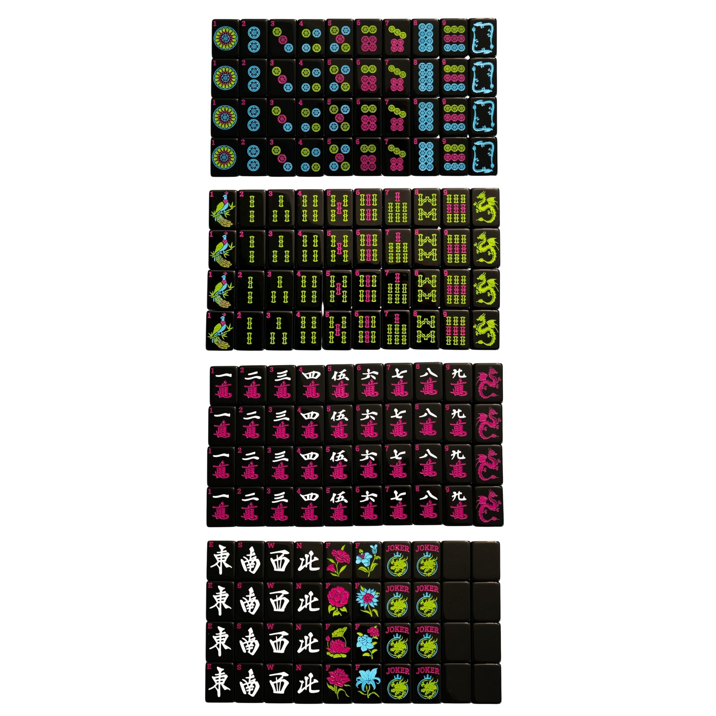 A top down image of all tiles included in the Neon Daze American Mahjong tiles from Mahj Queen™.  This set features modernized designs for easier identification—with black faces and bold neon coloring.