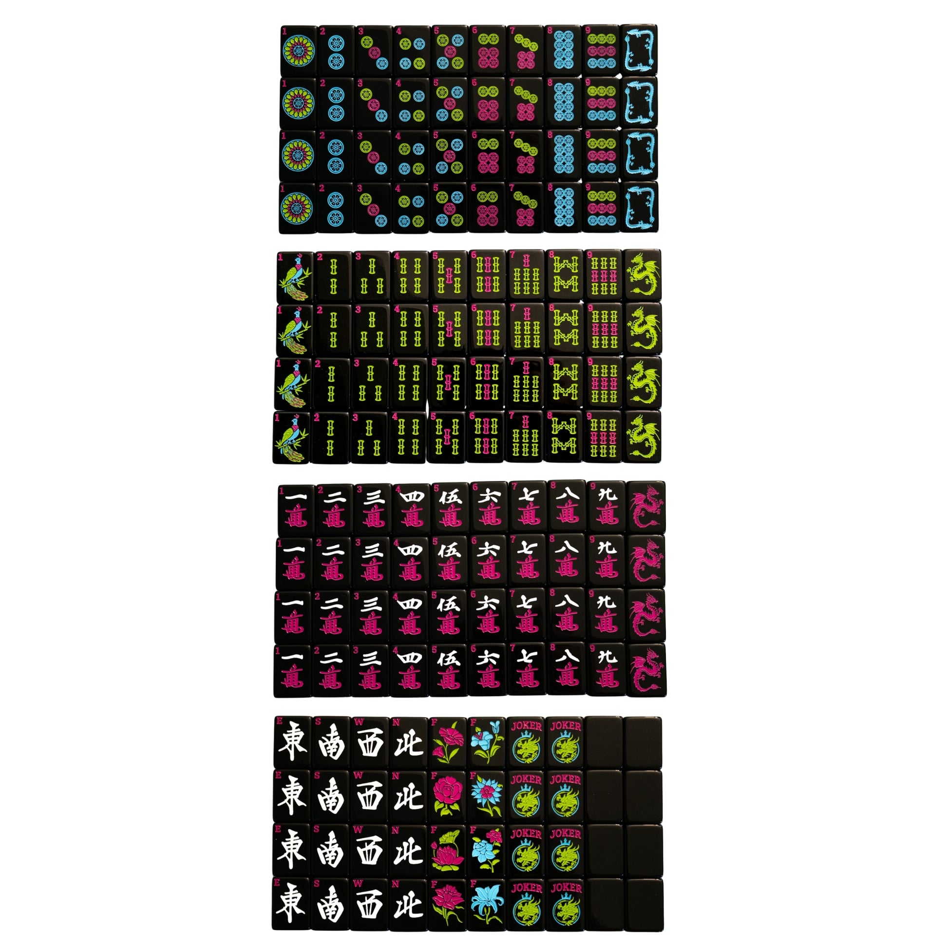 A top down image of all tiles included in the Neon Daze American Mahjong tiles from Mahj Queen™.  This set features modernized designs for easier identification—with black faces and bold neon coloring.