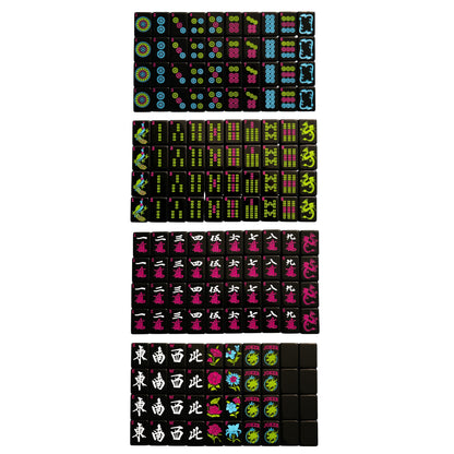 A top down image of all tiles included in the Neon Daze American Mahjong tiles from Mahj Queen™.  This set features modernized designs for easier identification—with black faces and bold neon coloring.