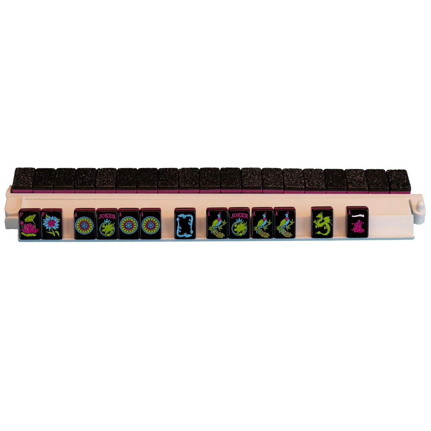An image of the Neon Daze mahjong tile line from Mahj Queen™ on a white rack.