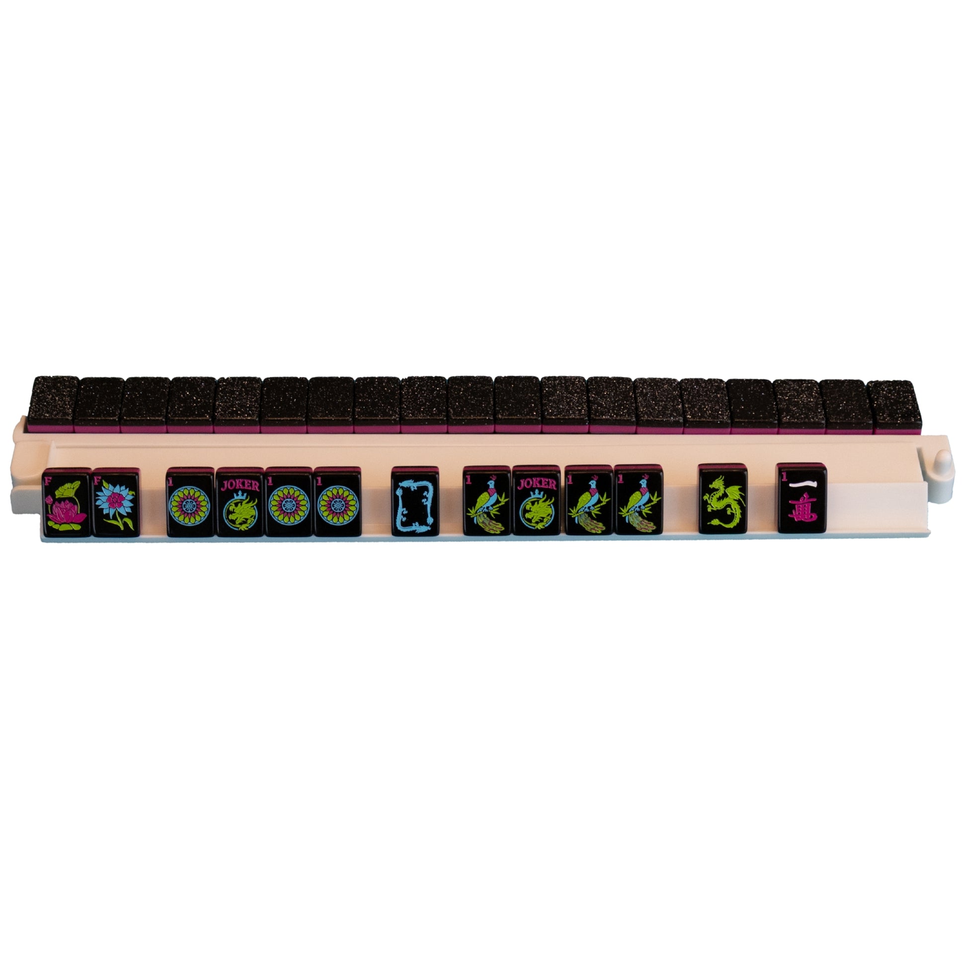 An image of the Neon Daze mahjong tile line from Mahj Queen™ on a white rack.