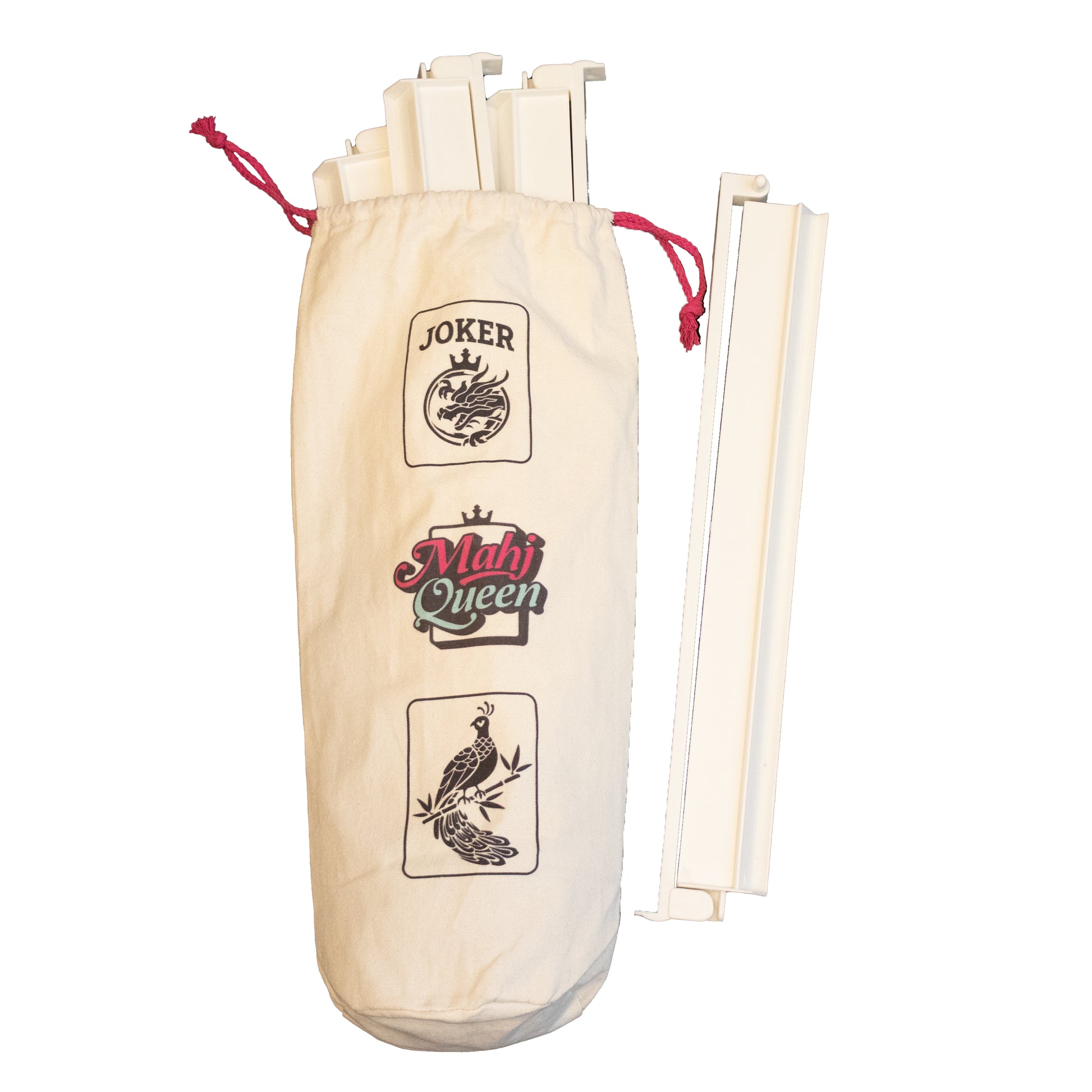 An image of 4 white acrylic mahjong tile and pusher racks and a canvas Mahj Queen bag.